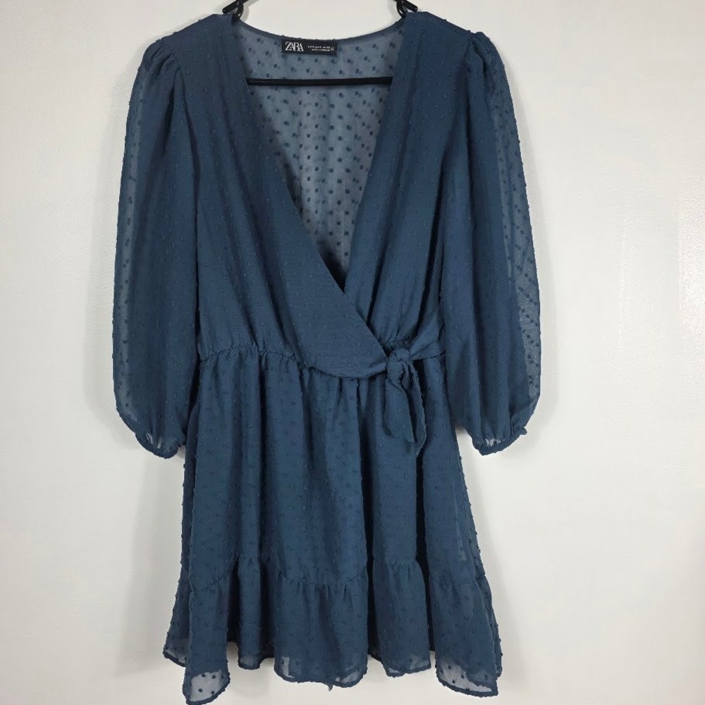 Zara Mini Dress Women Medium Teal Blue Swiss Dot Plumeti Wrap Ruffle Party
